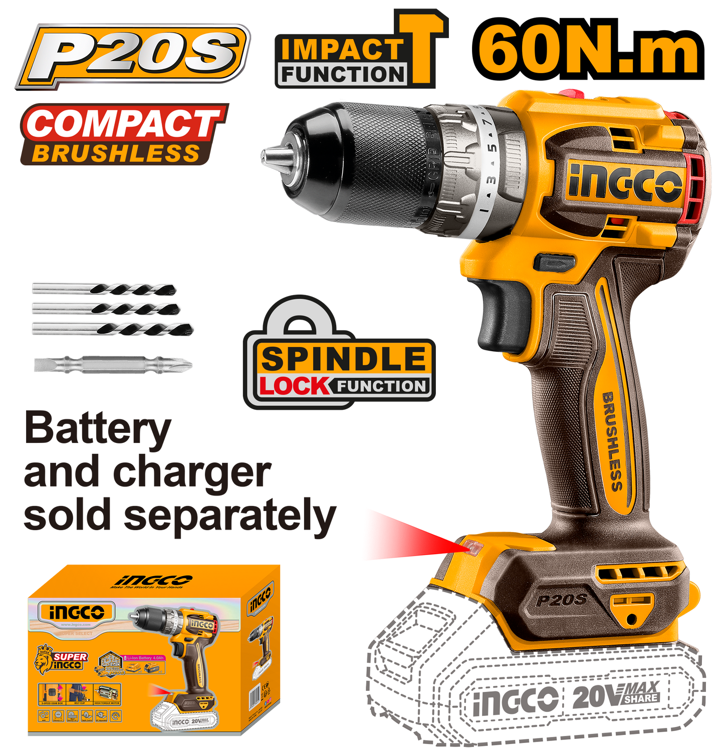 Ingco Cordless Impact Drill 20V 60nm