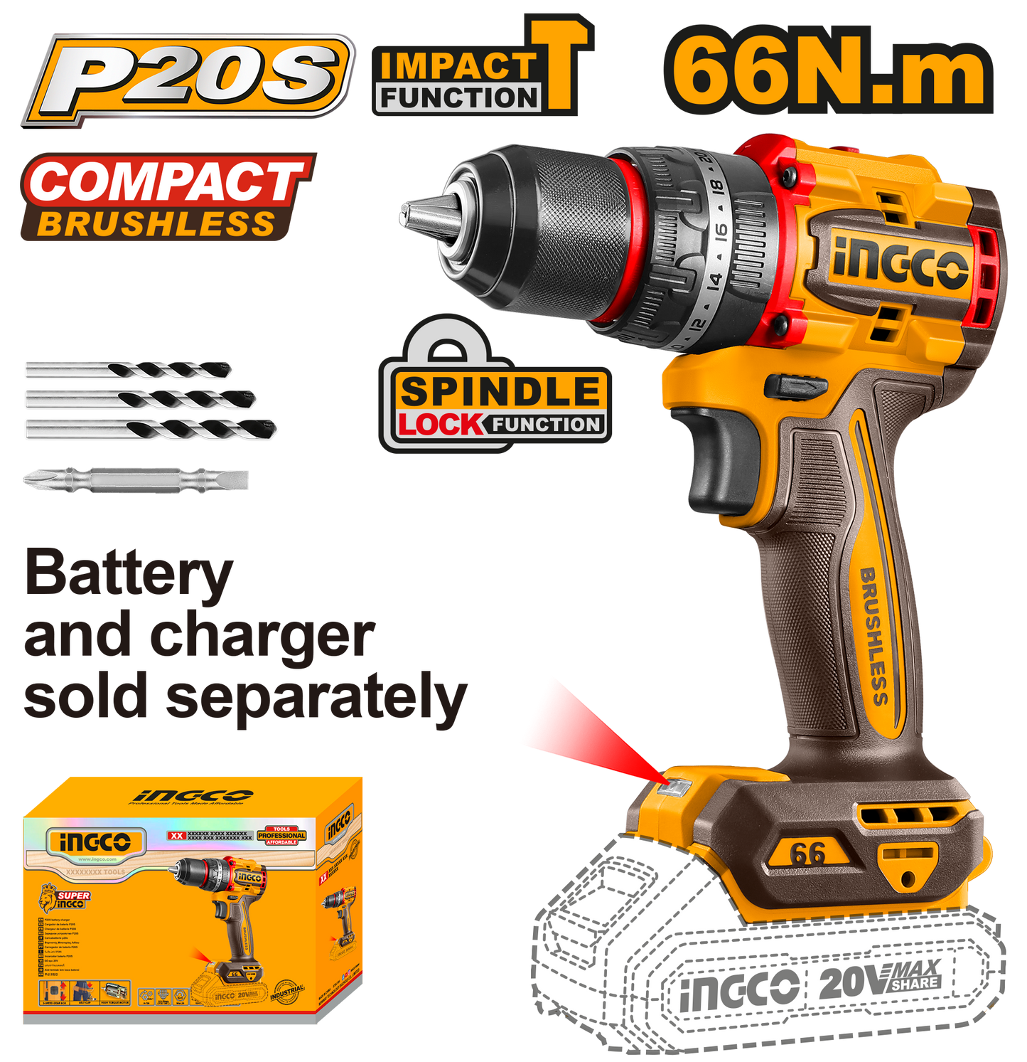 Ingco Cordless Impact Drill 20V 66nm